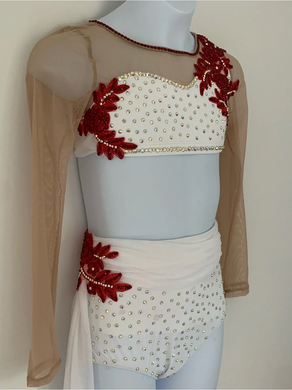 Child's Rhinestone Dance Costume White & Red Lyrical Contemporary Outfit, Size 8